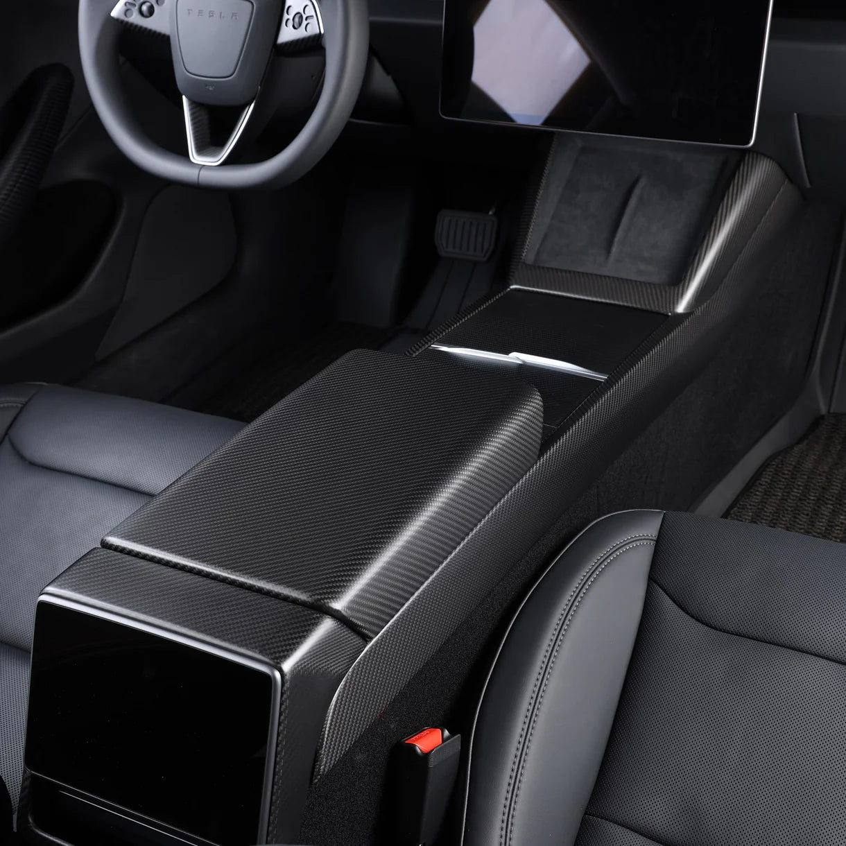 Real Carbon Fiber Center Console Side Trim Cover for 2024+ Tesla Model 3 Highland | Seamless Interior Upgrade Trim for Wireless Charging Area & Side Panel | Easy 3M Adhesive Installation