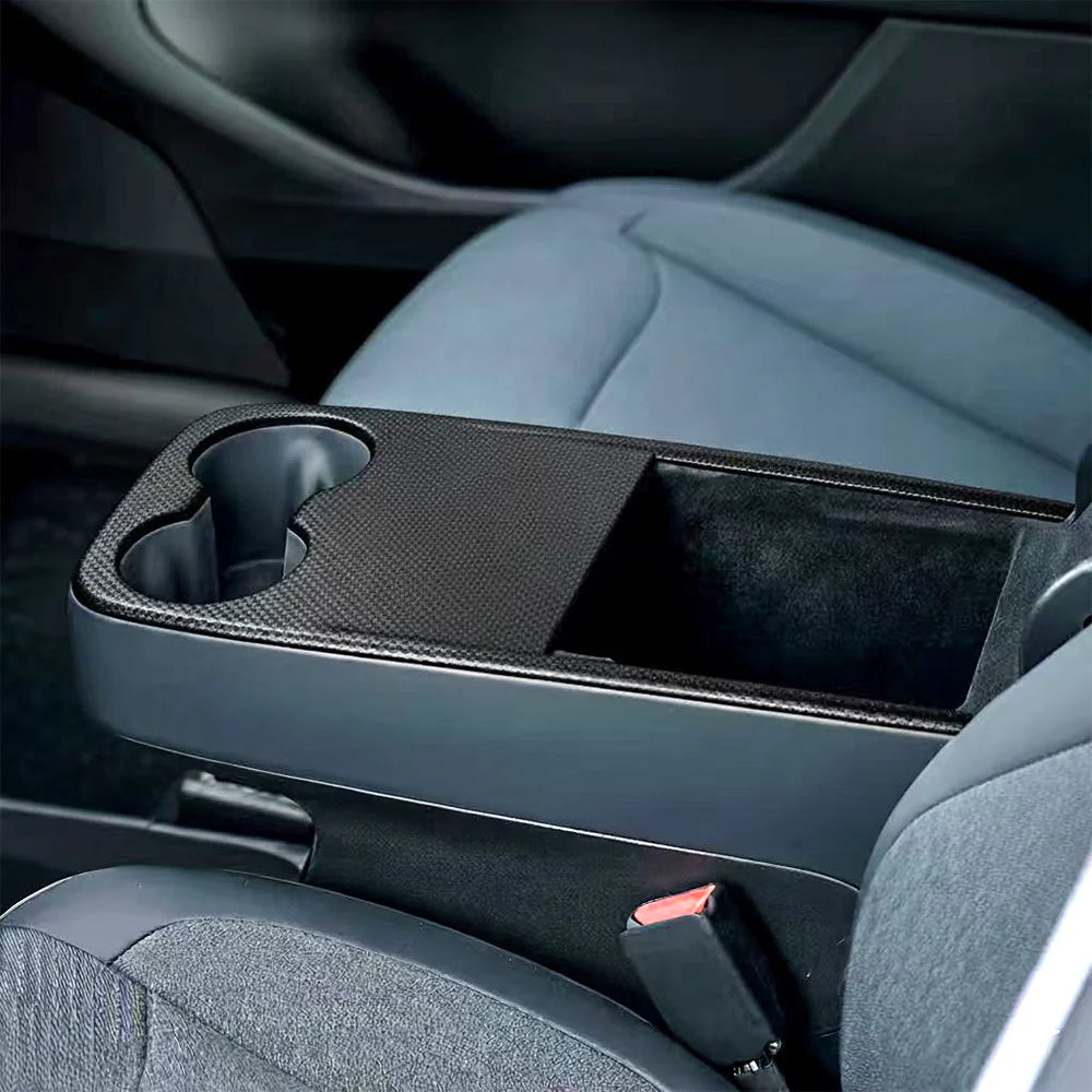 Real 2x2 Twill Carbon Fiber Cup Holder Cover for Tesla Model Y Juniper (2026+ Standard) – Center Console Overlay Trim, Glossy or Matte Finish, Easy 3M Installation