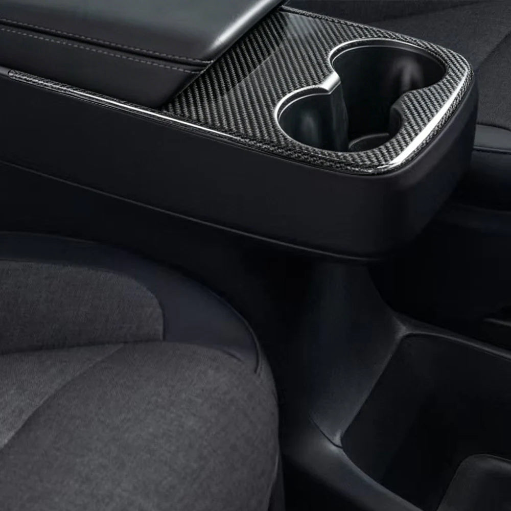 Real 2x2 Twill Carbon Fiber Cup Holder Cover for Tesla Model Y Juniper (2026+ Standard) – Center Console Overlay Trim, Glossy or Matte Finish, Easy 3M Installation