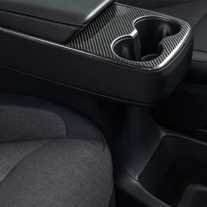 Real 2x2 Twill Carbon Fiber Cup Holder Cover for Tesla Model Y Juniper (2026+ Standard) – Center Console Overlay Trim, Glossy or Matte Finish, Easy 3M Installation