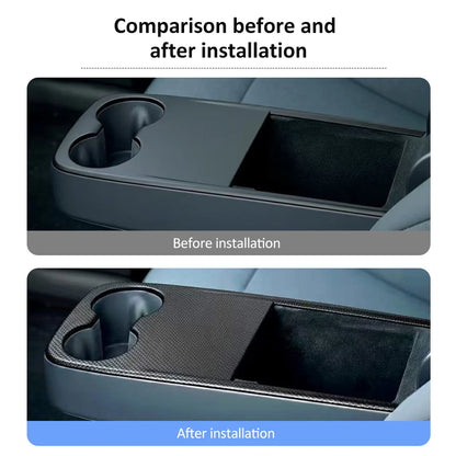 Real 2x2 Twill Carbon Fiber Cup Holder Cover for Tesla Model Y Juniper (2026+ Standard) – Center Console Overlay Trim, Glossy or Matte Finish, Easy 3M Installation