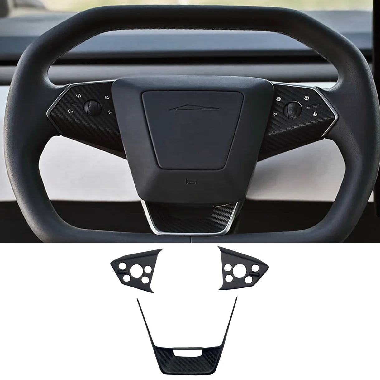 Real Dry Carbon Fiber Steering Wheel Trim Set (3-Piece) for Tesla Cybertruck – Glossy & Matte Finish Options, Precision Fit Interior Upgrade Accessories