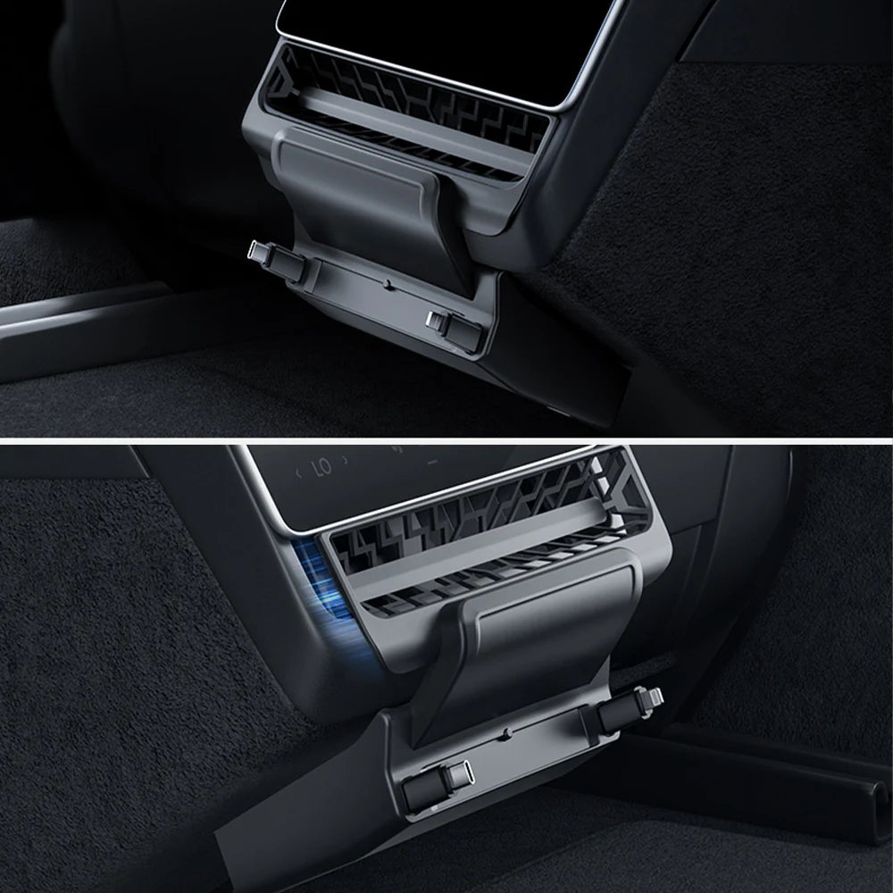 Rear Air Vent Charging Dock with Dual Retractable USB-C & Lightning Cables for Tesla Model 3 Highland 2024–2026 & Tesla Model Y Juniper 2025+ | 90W Fast Charging Rear Outlet Expansion Hub