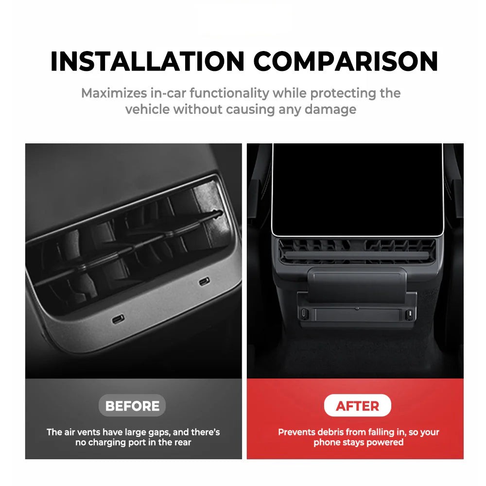 Rear Air Vent Charging Dock with Dual Retractable USB-C & Lightning Cables for Tesla Model 3 Highland 2024–2026 & Tesla Model Y Juniper 2025+ | 90W Fast Charging Rear Outlet Expansion Hub
