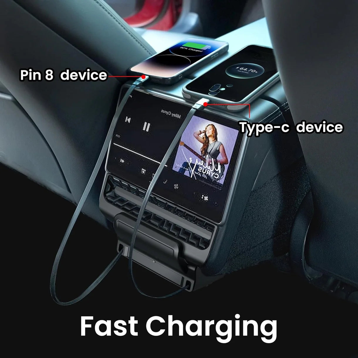 Rear Air Vent Charging Dock with Dual Retractable USB-C & Lightning Cables for Tesla Model 3 Highland 2024–2026 & Tesla Model Y Juniper 2025+ | 90W Fast Charging Rear Outlet Expansion Hub