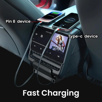 Rear Air Vent Charging Dock with Dual Retractable USB-C & Lightning Cables for Tesla Model 3 Highland 2024–2026 & Tesla Model Y Juniper 2025+ | 90W Fast Charging Rear Outlet Expansion Hub