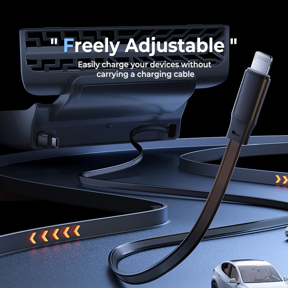 Rear Air Vent Charging Dock with Dual Retractable USB-C & Lightning Cables for Tesla Model 3 Highland 2024–2026 & Tesla Model Y Juniper 2025+ | 90W Fast Charging Rear Outlet Expansion Hub