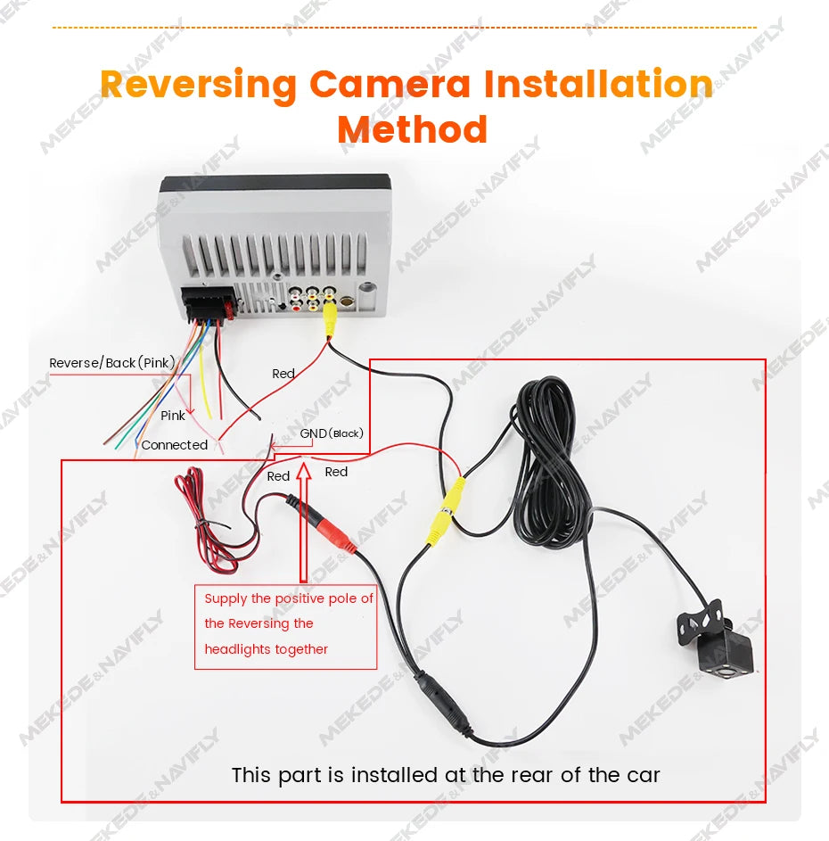 Reversing camera installation method: Reverse Back (Pink) recl pink GND connected to headlight positive pole, installed at car rear.