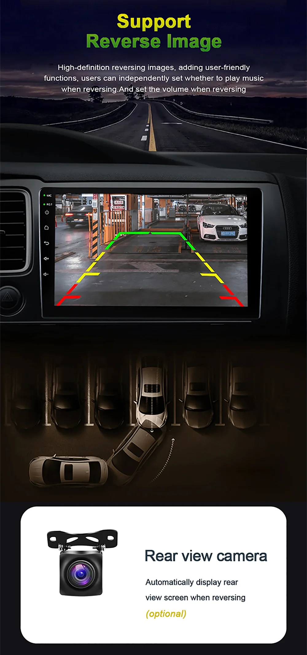 Reversing images with high-definition support, plus features like playing music while reversing and adjusting volume separately.