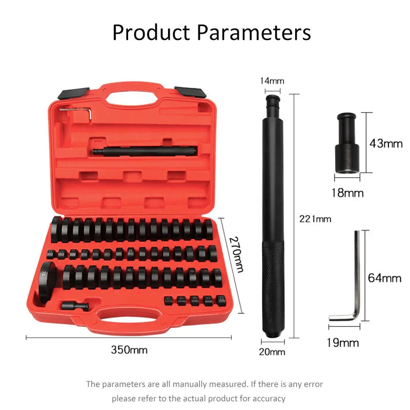 The Bushing Bearing Seal Driver Kit contains an oil seal removal tool set with sizes from 18mm to 65mm, manually verified.