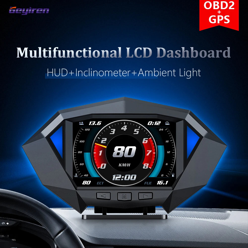 Geyiren P1 HUD offers a car GPS, OBD2 head-up display, and on-board computer with various features.