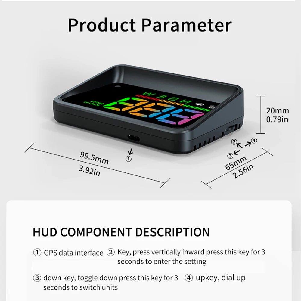 Geyiren H4 HUD: Auto GPS Car Head Up Display with Speed Meter Projector for All Cars. This device features a 20mm (0.79in) 2K display and a sleek design. For setting, press the GPS data interface button vertically inward for 3 seconds. Toggle down to enter settings or press the key for 3 seconds to switch units between L/0 & Smm.