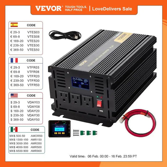 VEVOR Modified Sine Wave Power Inverter 1500W-5000W DC 12/24V to AC 110/120V with LCD Display Remote Controller for Camping Use