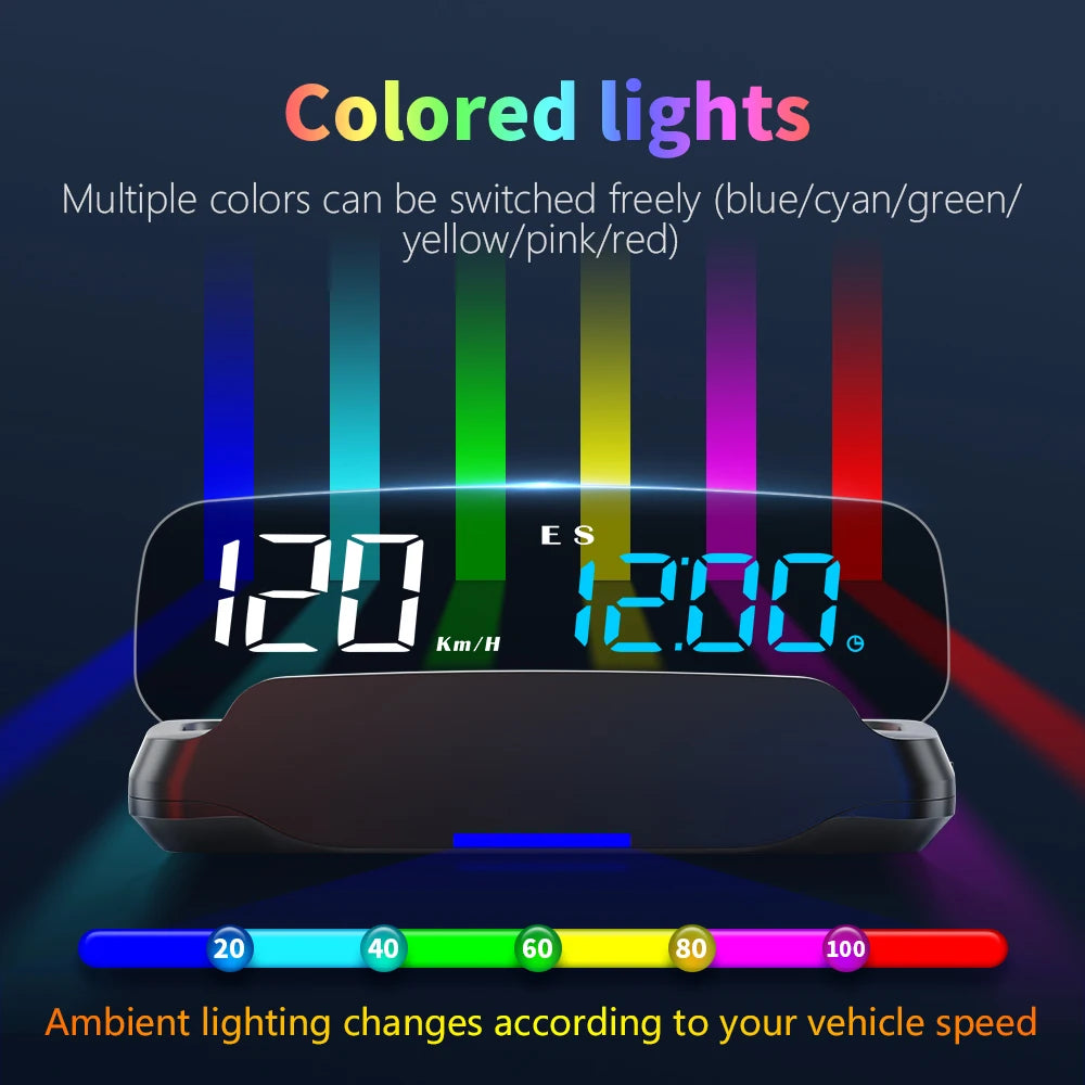 Geyiren C7 HUD, A digital speedometer with a head-up display for cars, featuring customizable colored lights and ambient lighting that adjusts to vehicle speed.