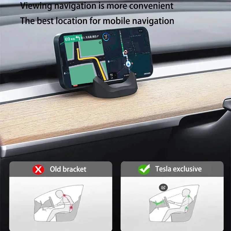 Silicone Dashboard Phone Mount for Tesla Model 3 & Model Y (2017–2025) | Non-Destructive Horizontal Phone Holder with Multi-Hook Design