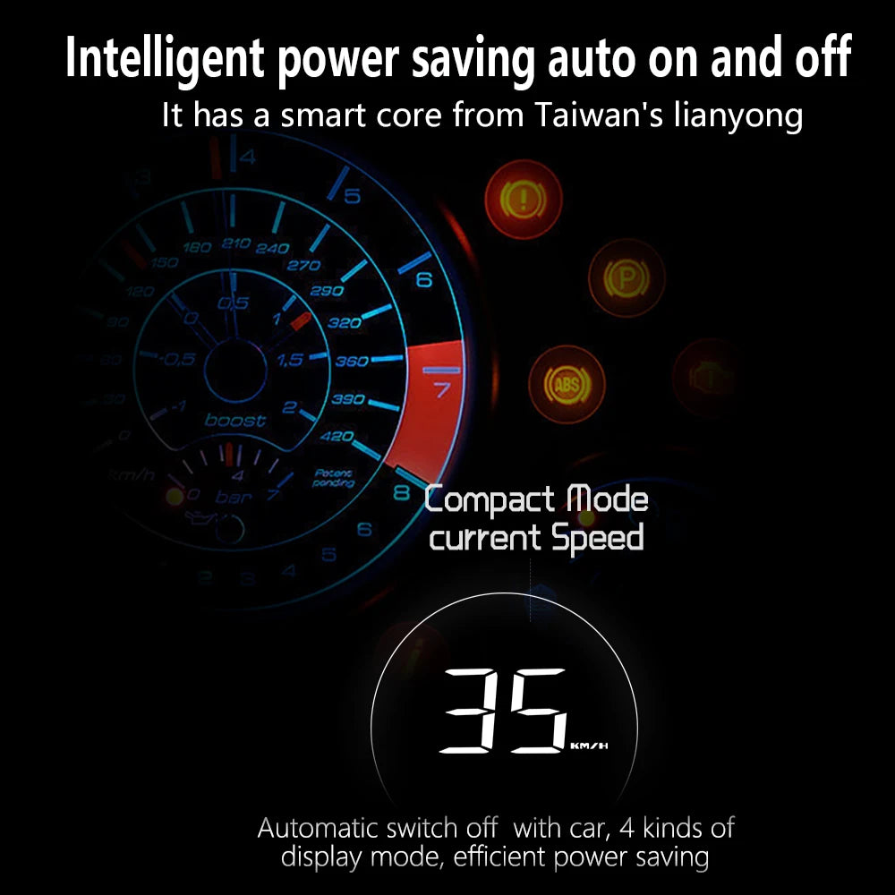 Geyiren C700 HUD, Intelligent power-saving device features smart core, supports 0-370A, 2G, and 0-350V, with compact design and auto-off when car is turned off.