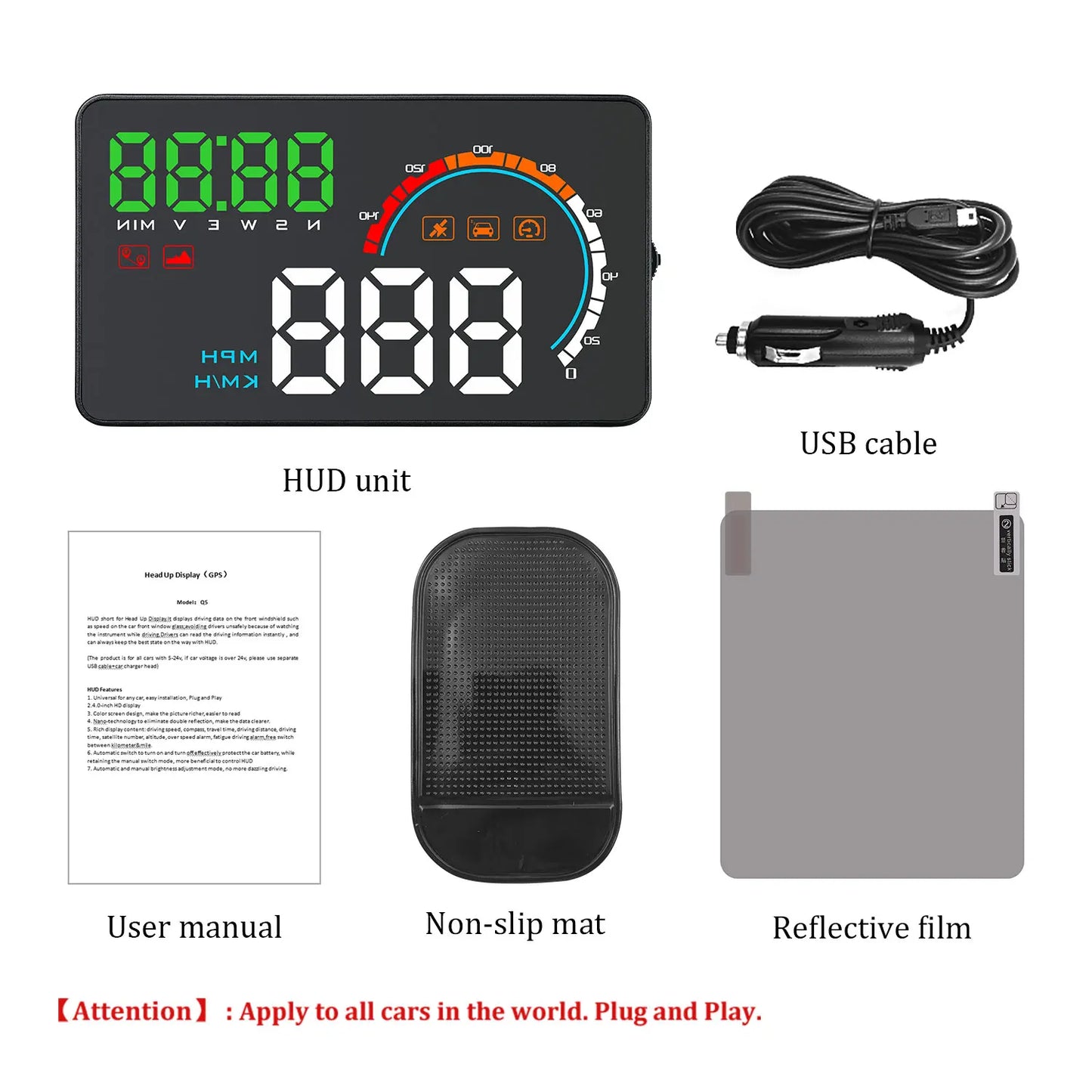 Geyiren Q5 HUD, Digital GPS speedometer and odometer for cars, with universal windshield projector display.