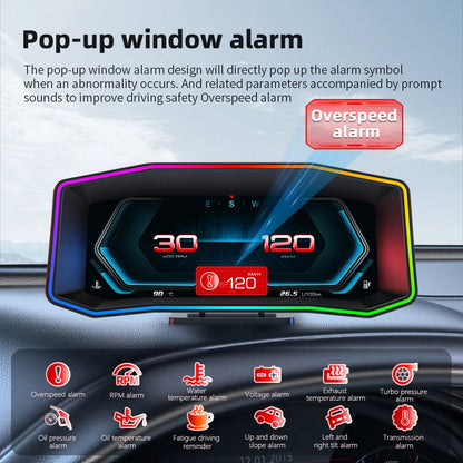 Geyiren P4 HUD, Smart digital speedometer with OBD2, GPS, and inclinometro features, including overspeed alarms, water temperature alerts, and fatigue driving detection.