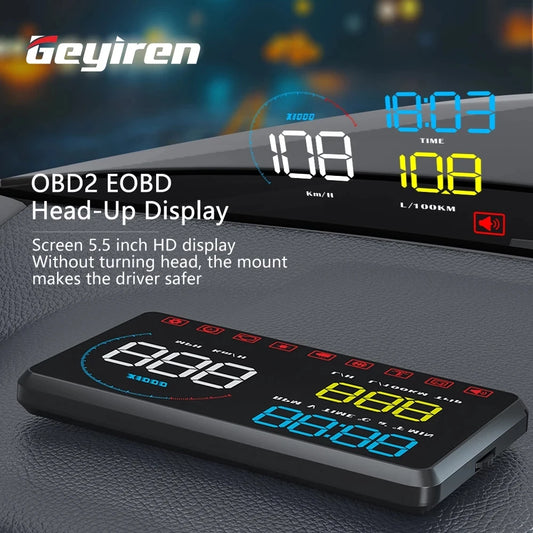 Geyiren A9 HUD is a car head-up display featuring an auto digital speedometer and OBD2-enabled with a 5.5-inch HD screen.