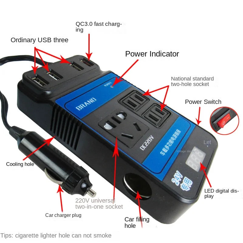 Car Power Inverter DC 12V 24V To DC220V 4 USB Port Modified Converter Adapter Auto Charger LED Digital Display One Button Switch