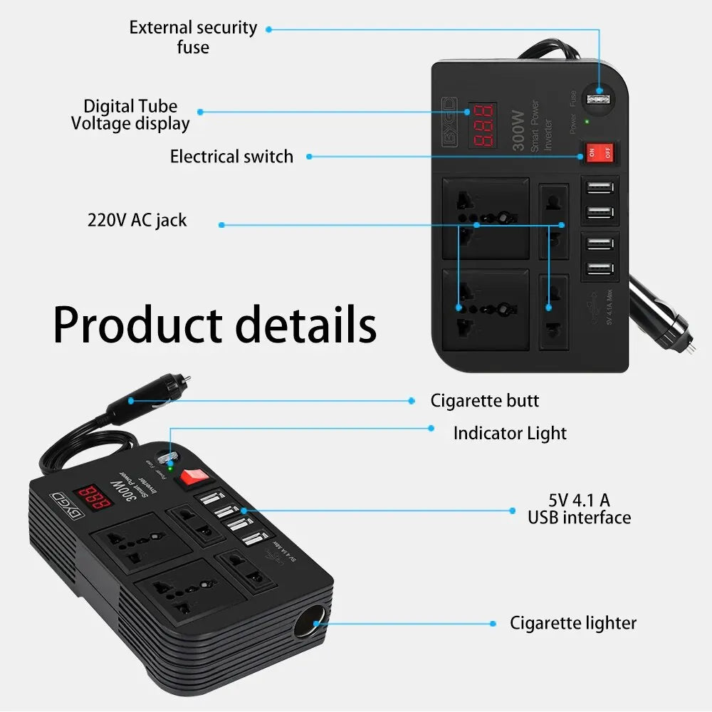 Inverter, Converts DC power to AC for home appliances with a max output of 300W.