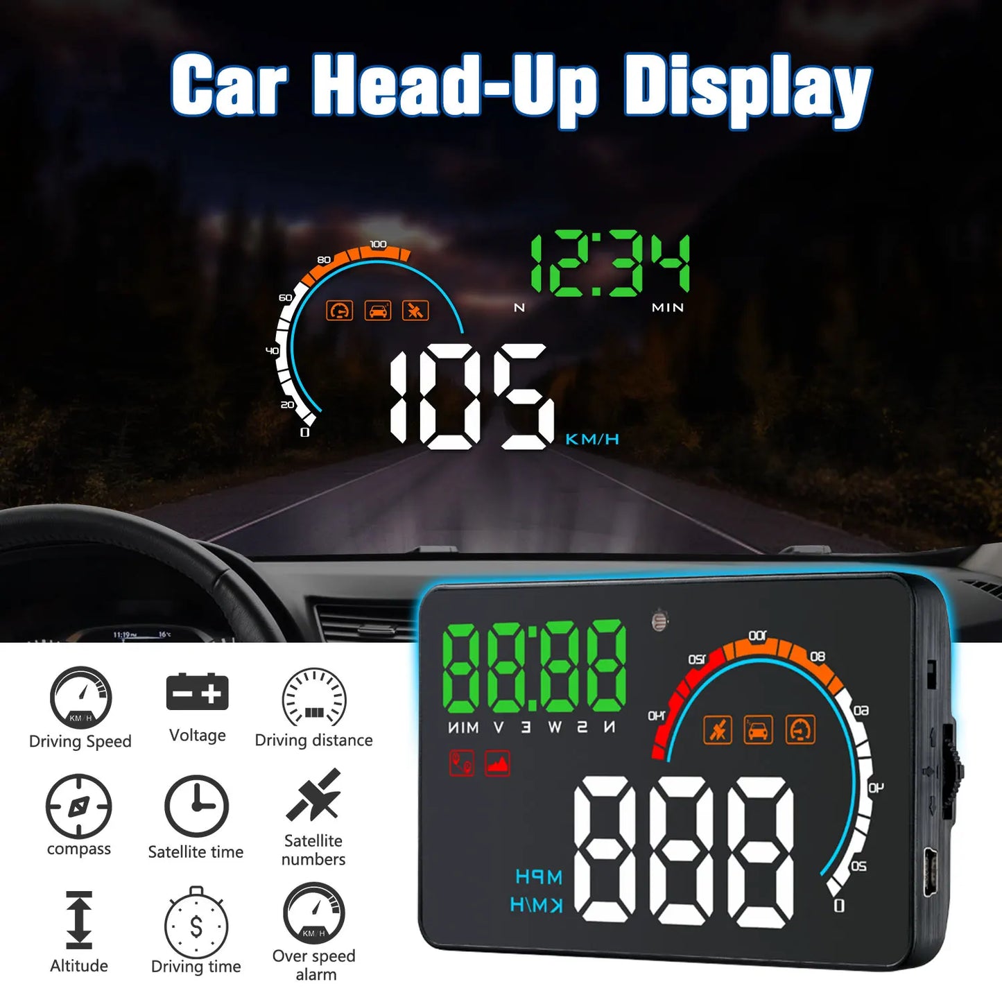 Geyiren Q5 HUD, A digital GPS speedometer clock odometer projects a car head-up display with various features like distance, voltage, and alarm.