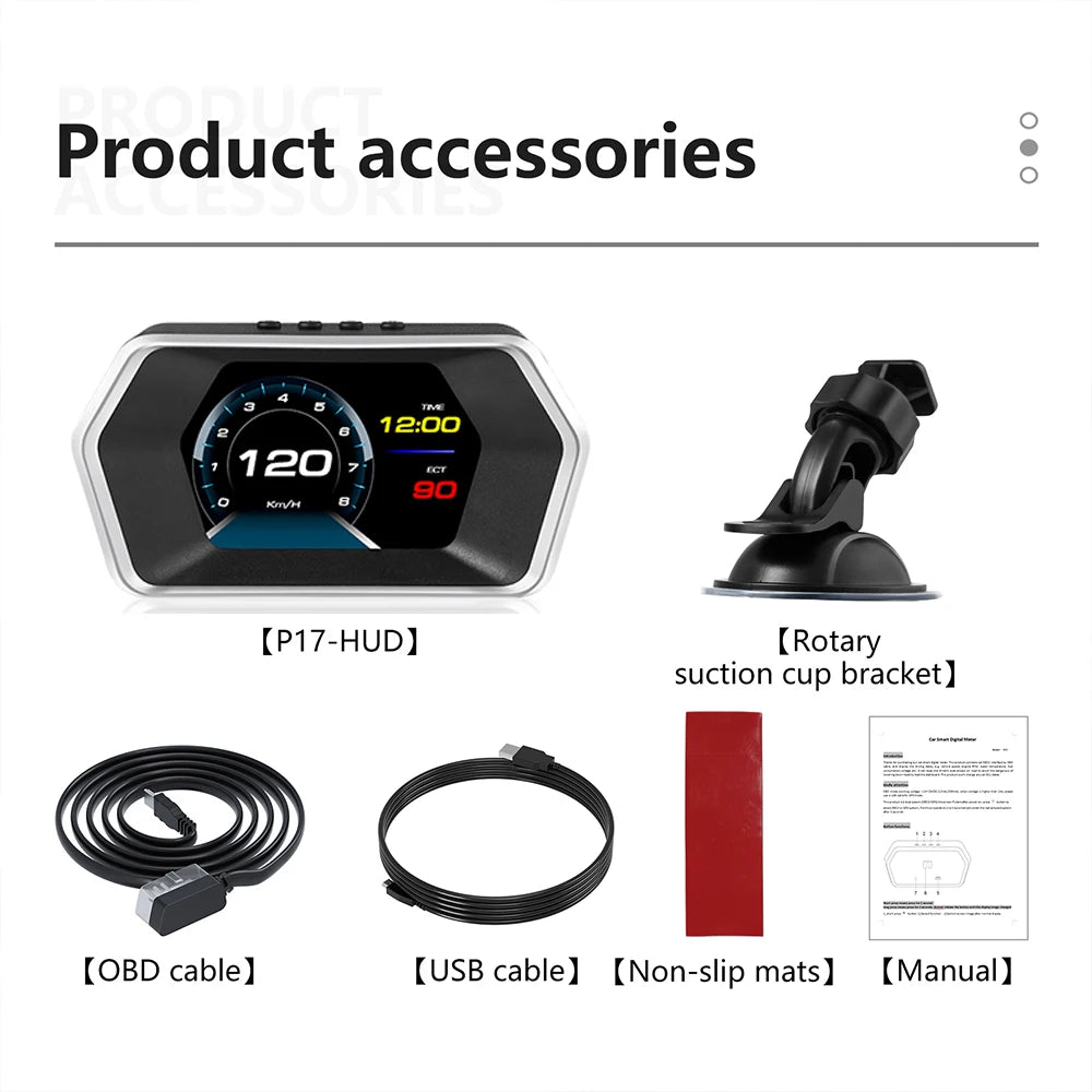 GEYIREN P17 HUD, The P17 HUD car display features GPS, an on-board computer, and gauges for speed, temperature, and more, compatible with OBD2.