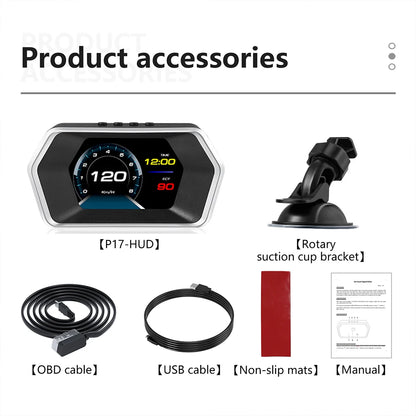 GEYIREN P17 HUD, The P17 HUD car display features GPS, an on-board computer, and gauges for speed, temperature, and more, compatible with OBD2.