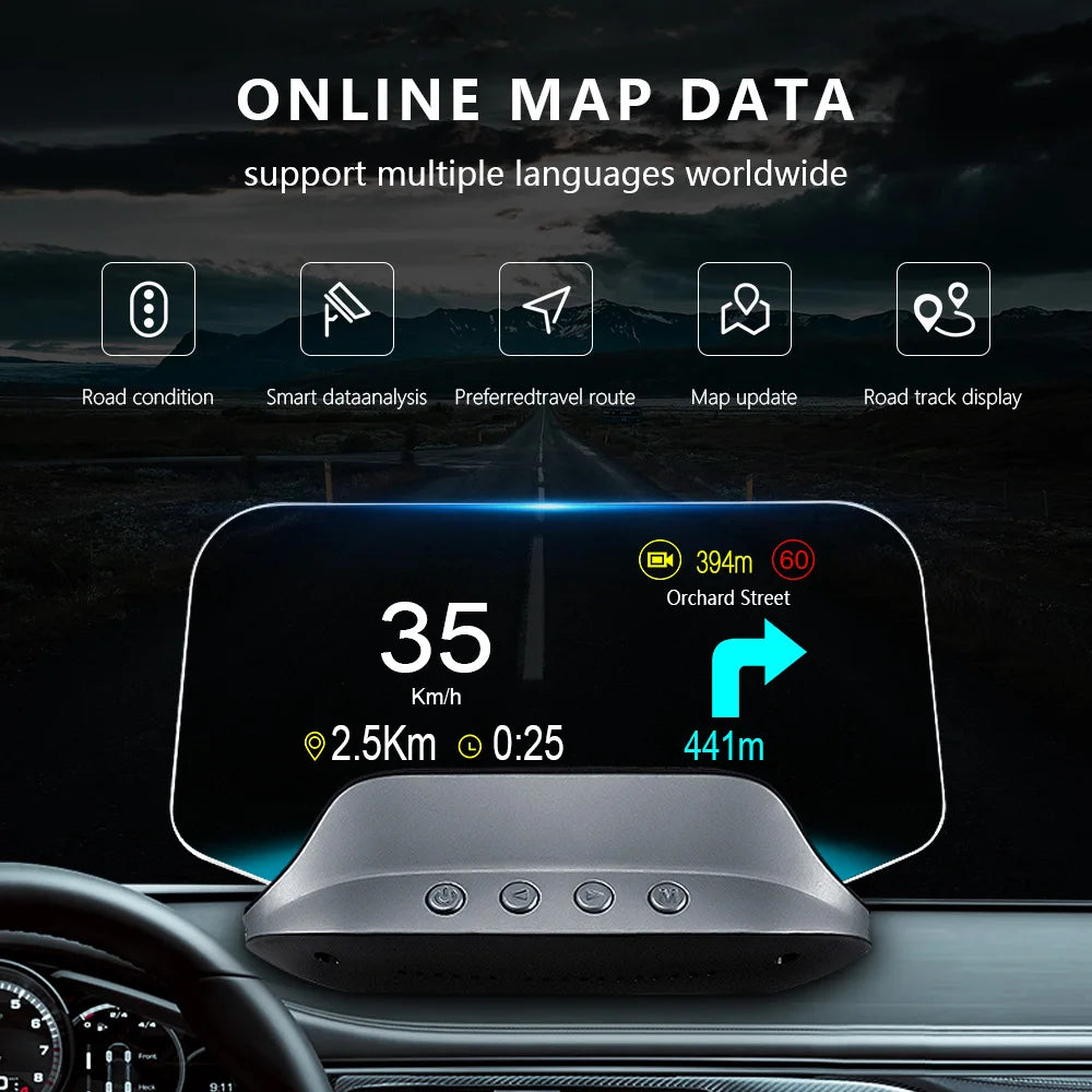 GEYIREN C3 HUD, A speedometer with GPS navigation and head-up display for cars, featuring online maps, language support, and road tracking.