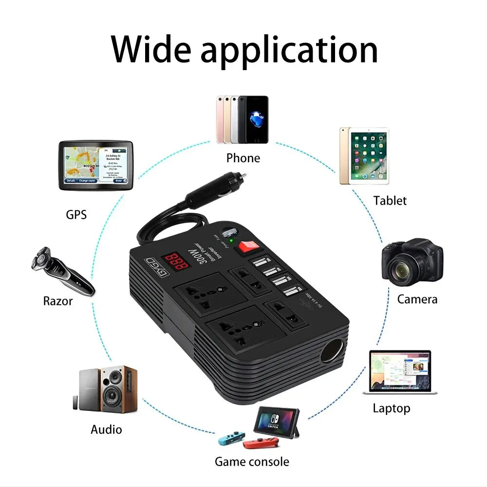 Inverter converts DC 12V to AC 220V, suitable for various devices like phones, laptops, and consoles.