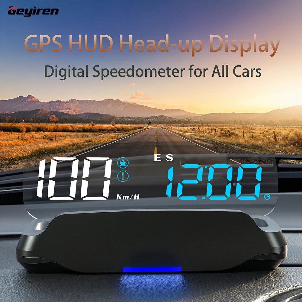 The Geyiren C7 HUD displays speed, time, and odometer readings, with km/h and mph options, as well as GPS and alarm features.