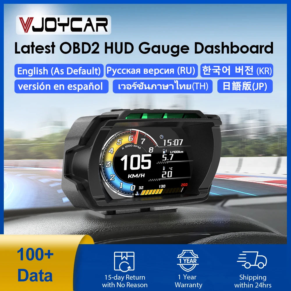 Vjoycar V80 2024 Newest Dashboard Head Up Display OBD2 HUD Total Mileage Car Logo Turbo Boost Security Alarm Water&Oil Temp. RPM