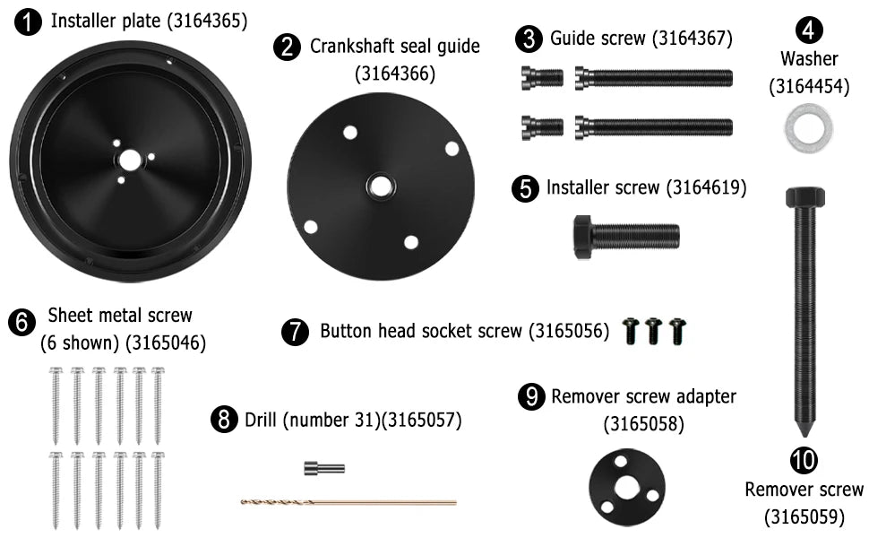 Cummins tool kit for removing and installing auto rear crankshaft oil seals features various parts and accessories.