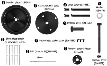 Cummins tool kit for removing and installing auto rear crankshaft oil seals features various parts and accessories.