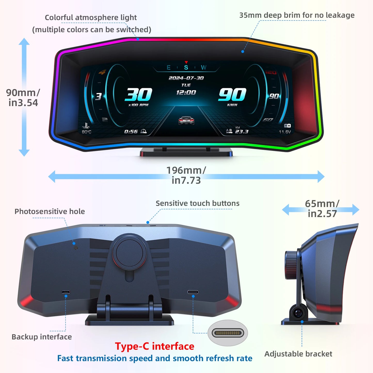 Geyiren P4 HUD is a smart car display with colorful lights, touch buttons, and features like GPS, inclinometer, and water temp monitoring.