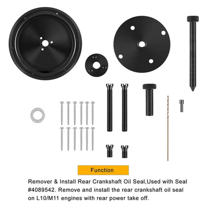 Cummins tool kit for removing and installing rear crankshaft oil seals on certain engine models.