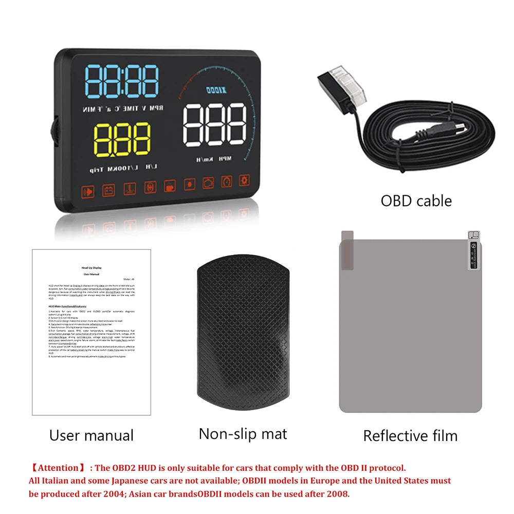 Geyiren A9 HUD projects driving data onto windshield, featuring auto speedometer, over-speed alarm, and OBD2 compatibility.