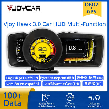 Vjoy Hawk 3.0 Car HUD Multi-Function Dashboard Head Up Display OBD2+GPS Smart Speedometer Auto Gauge Alarm System Turbo Boost