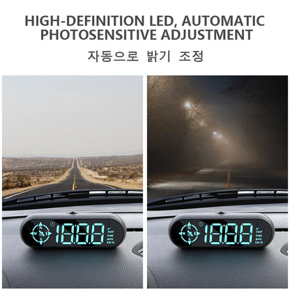 Geyiren G9 GPS HUD features include digital speedometer, alarm, clock, compass, and odometer, with HD LED and auto brightness adjustment.