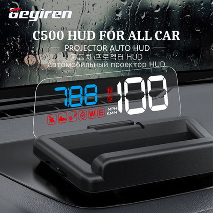 GEYIREN C500 HUD, Auto OBD2 GPS head-up display for cars with speedometer projector and digital accessories for all vehicles.