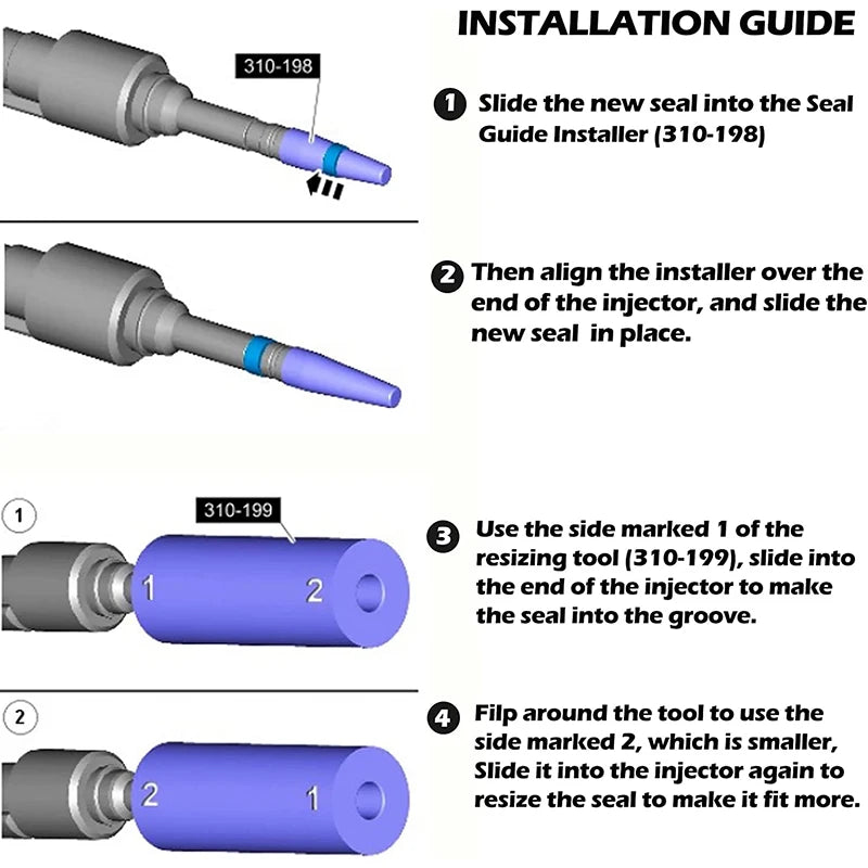 Install fuel injector seal using Seal Guide Installer (310-198) and Resizing Tool (310-199), resizing seal to fit groove.