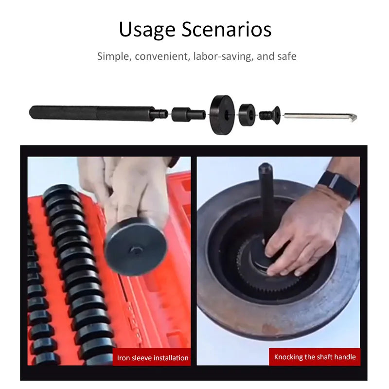 This kit includes 52 tools for removing oil seals from 18mm to 65mm diameters, simplifying iron sleeve installation.