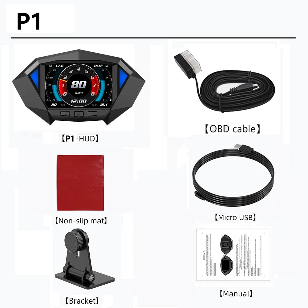 Geyiren P1 HUD, Car GPS system with HUD display, speedometer, temperature alarm, gauges, and fuel consumption meter.