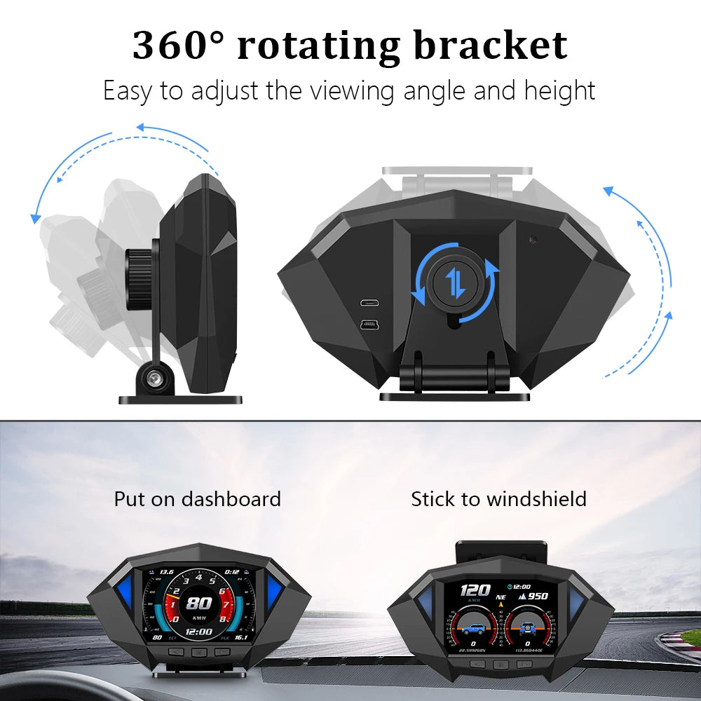 Geyiren P1 HUD, GPS OBD2 head-up display with car computer features, speedometer, temperature alarm, and fuel meter.