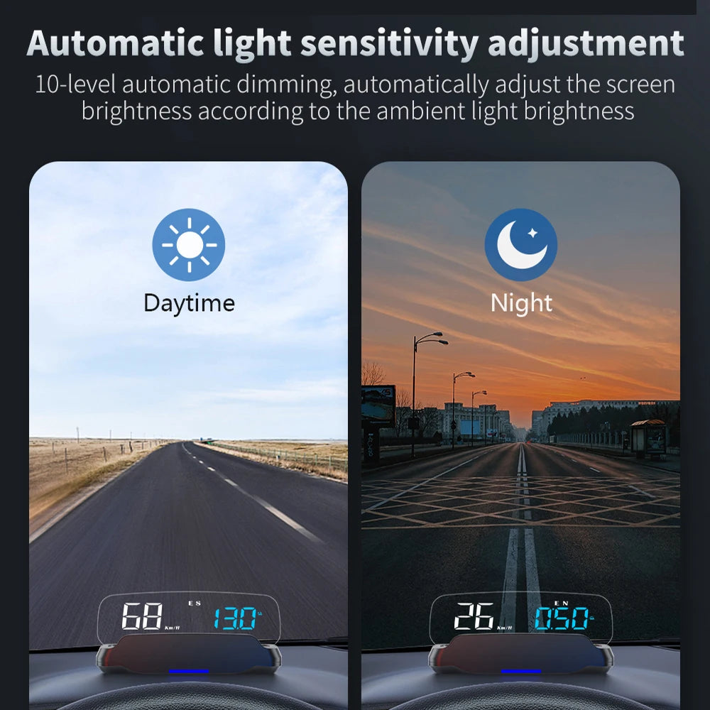 Geyiren C7 HUD, Automatically adjusts screen brightness with 10-level dimming, adapting to daytime or nighttime conditions, ranging from 68 to 26.