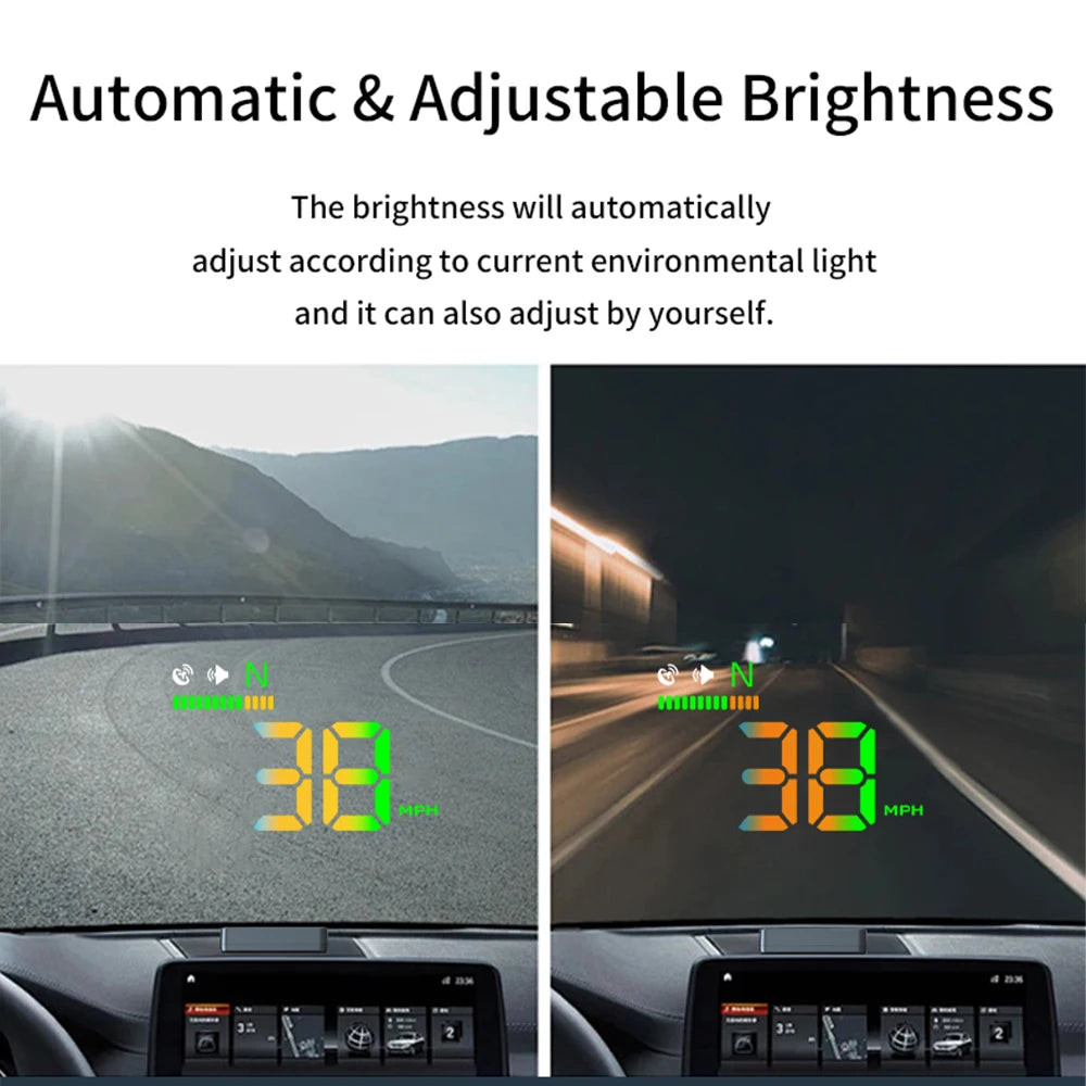 Geyiren H4 HUD, Automatically adjusts brightness based on surrounding light or manually adjustable, also features speed measurement.