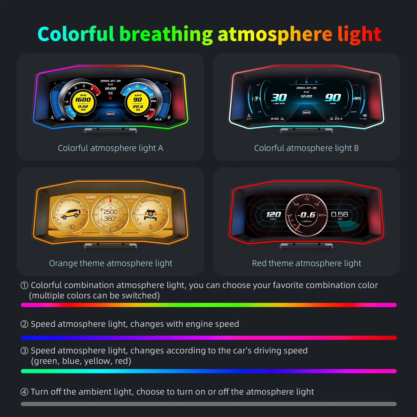 Geyiren P4 HUD - OBD2 Display Smart Digital Speedometer inclinometro 4x4 GPS Water Temp On-board computer Car Head Up Display. The product features a colorful breathing atmosphere light, with options to choose from multiple color combinations, including orange, red, and colorful themes. The speed atmosphere light changes according to the car engine or driving speed, displayed in green, blue, yellow, or red.