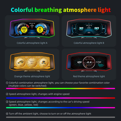 Geyiren P4 HUD - OBD2 Display Smart Digital Speedometer inclinometro 4x4 GPS Water Temp On-board computer Car Head Up Display. The product features a colorful breathing atmosphere light, with options to choose from multiple color combinations, including orange, red, and colorful themes. The speed atmosphere light changes according to the car engine or driving speed, displayed in green, blue, yellow, or red.