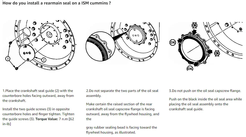 Install rear main seal on ISM Cummins engine by assembling oil seal with crankshaft guide, then tightening guide screws to 62 Nm.