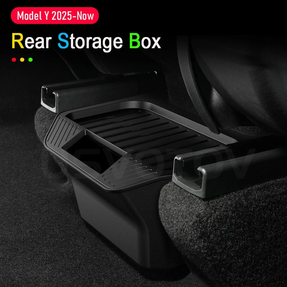 Custom-Fit Rear Center Console Storage Box for Tesla Model Y Juniper 2025–2026+ – TPE Backseat Organizer Bin, Hidden Storage Tray, Trash Holder & Interior Organization Accessory